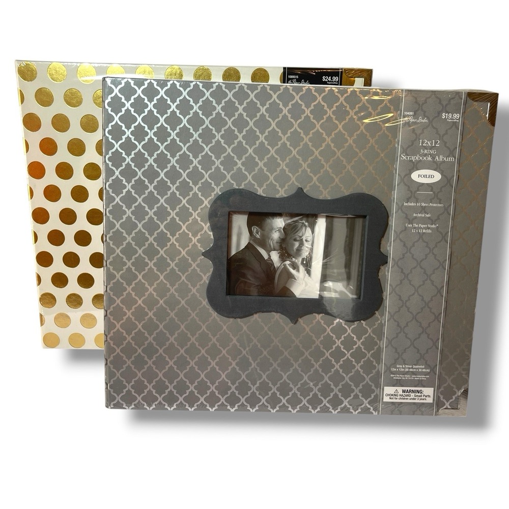 Lot of 2 The Paper Studio 12x12 3-Ring Scrapbook Albums Gray & Gold Foil New OS